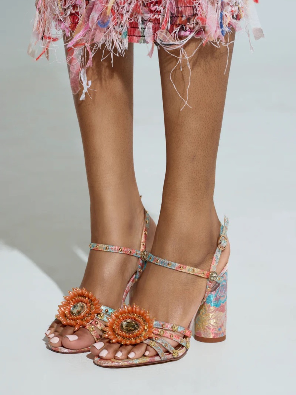 Floral Embellished Coral Multicolor Block Heel Sandals